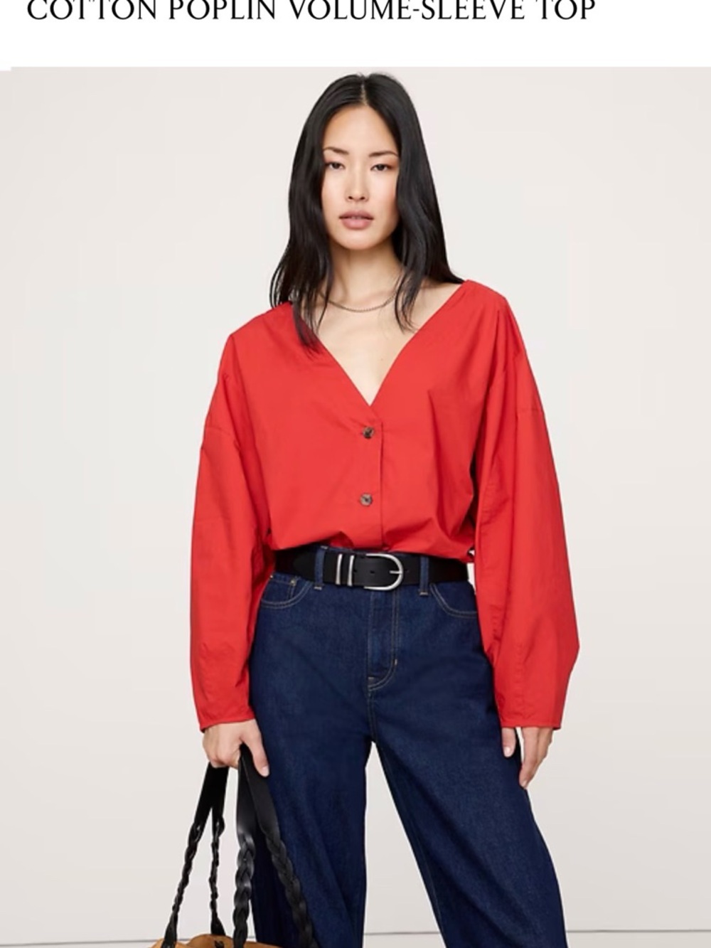 Banana Republic Red Cotton V-Neck Volume Sleeve Blouse